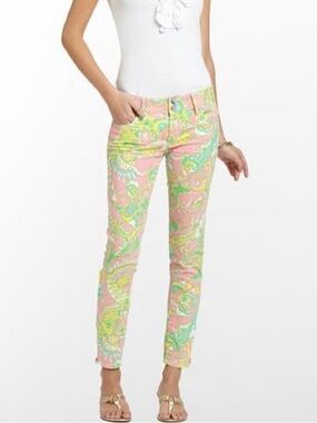 Lilly Pulitzer Pink and Green Paisley Print Ankle Zip Pants